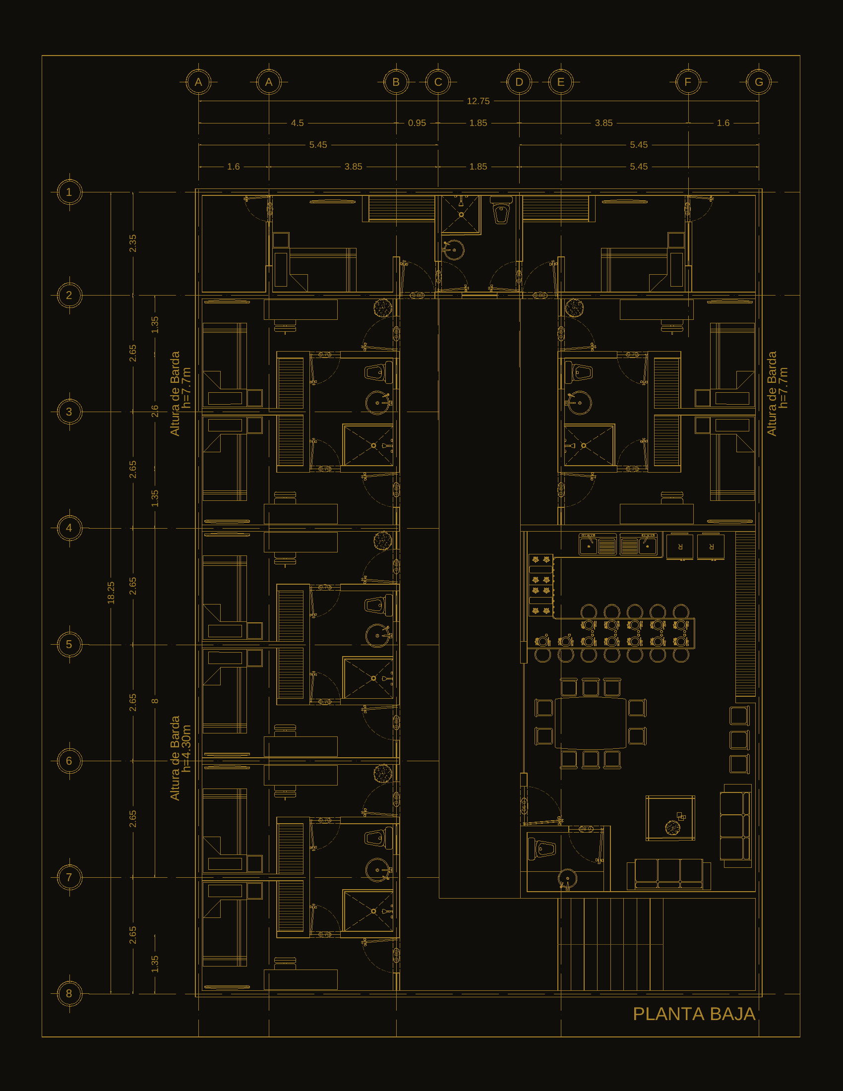 Proyecto arquitectónico Fase 2: planta baja, distribución de suites